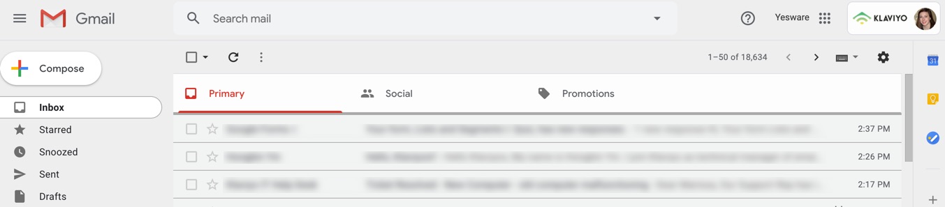 Gmail inbox showing primary, social, and promotions tabs
