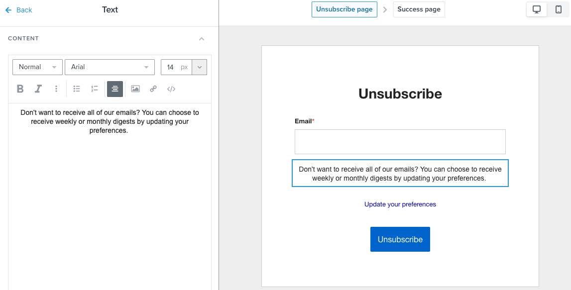 example page description textbox on an unsubscribe page encouraging recipients to update their preferences
