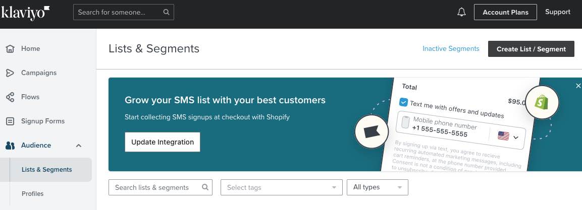the list's and segments tab with the button to create a new list or segment selected