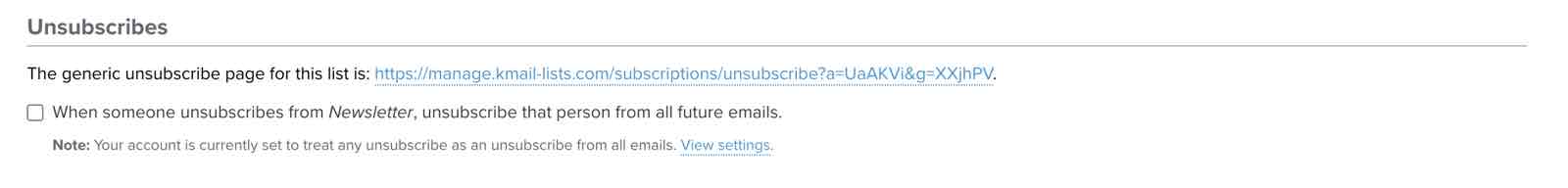 A shareable unsubscribe link in a list's settings