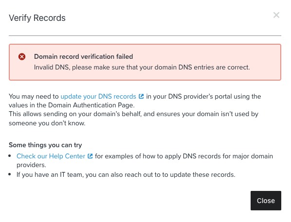 Error message in Klaviyo showing that DNS record verification failed