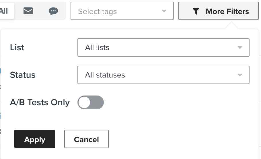 The more filters button in the Klaviyo Campaigns tab