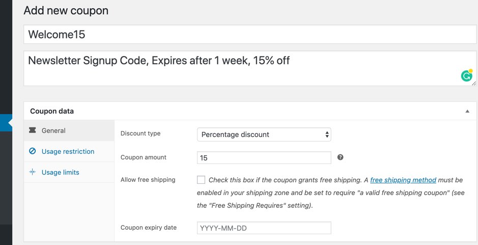 The data entry page when you create a new coupon where you can choose a discount type, name, and expiration date.