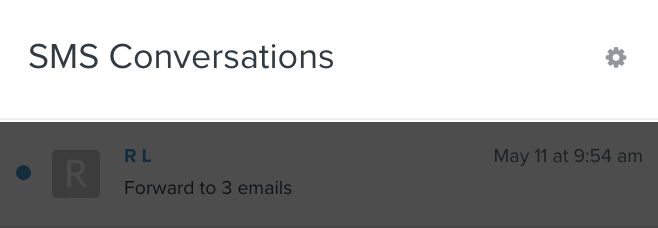 Top of the SMS conversations tab, showing the gear icon for Settings