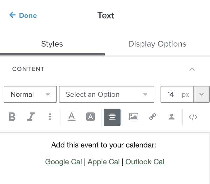 A text block with links to events in different calendar types