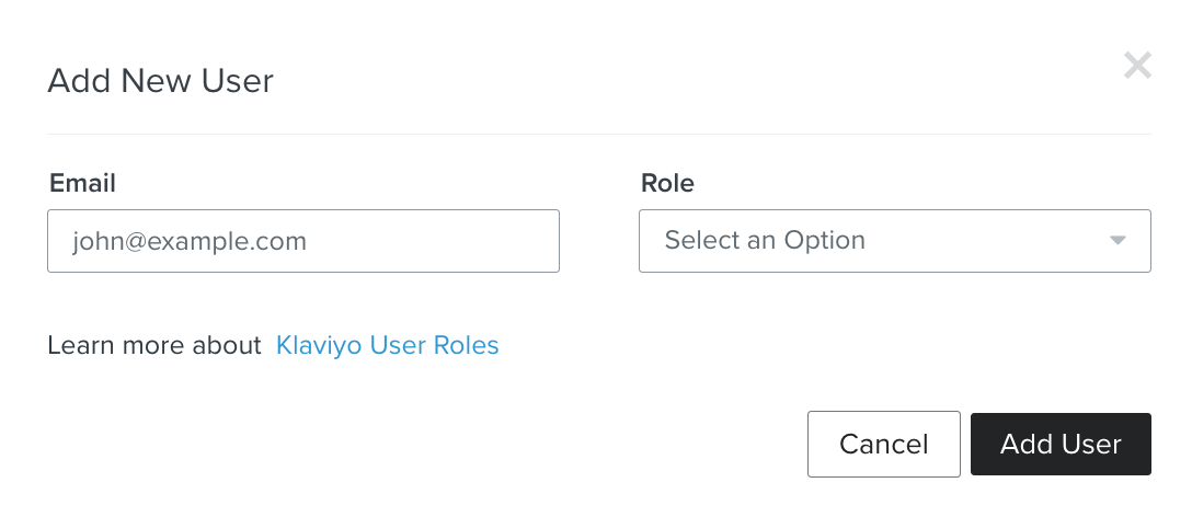 Modal to add a new user's email address and role into an account