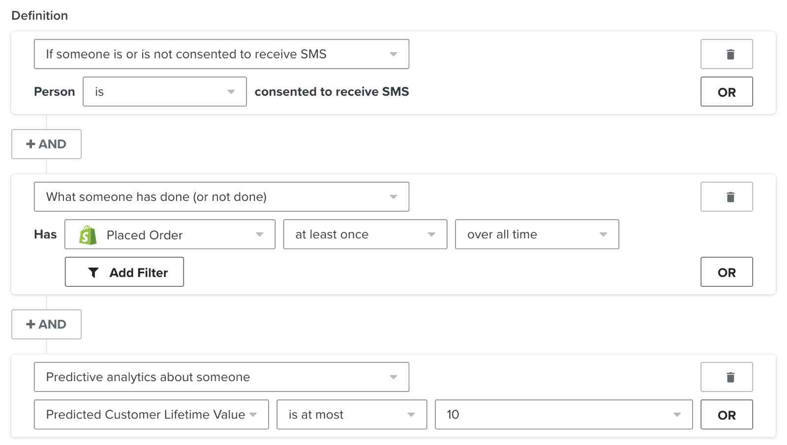 A segment of SMS subscribers with low predicted customer lifetime value