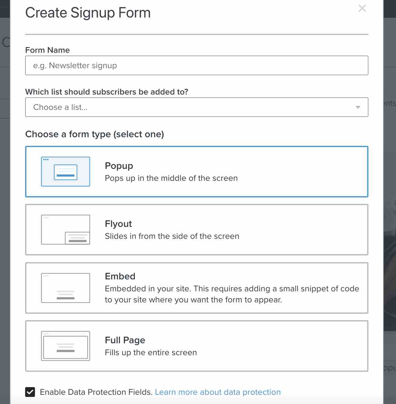 The menu where you can select a form type and enable data protection fields when you choose to build a form from scratch.