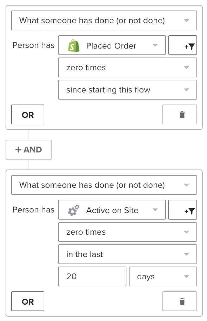 Segment example including anyone who has not Placed an Order since starting this flow AND has not been active on site in the last 20 days