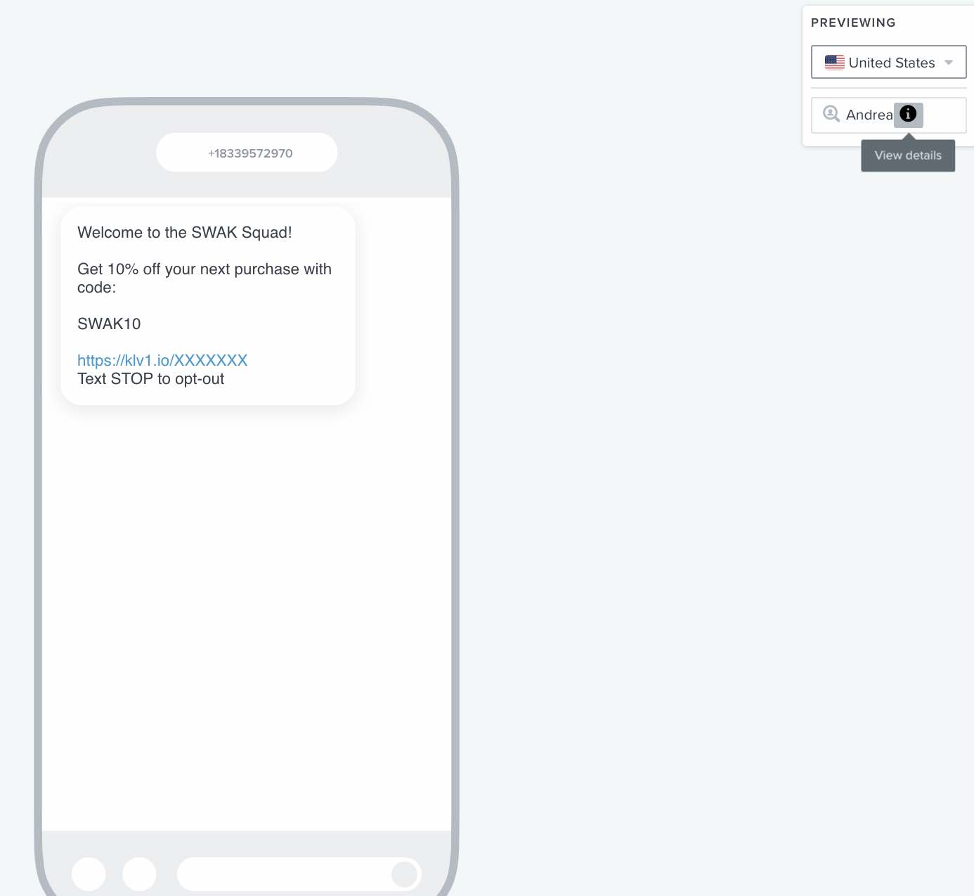 SMS message preview showing how to find event variables for a flow