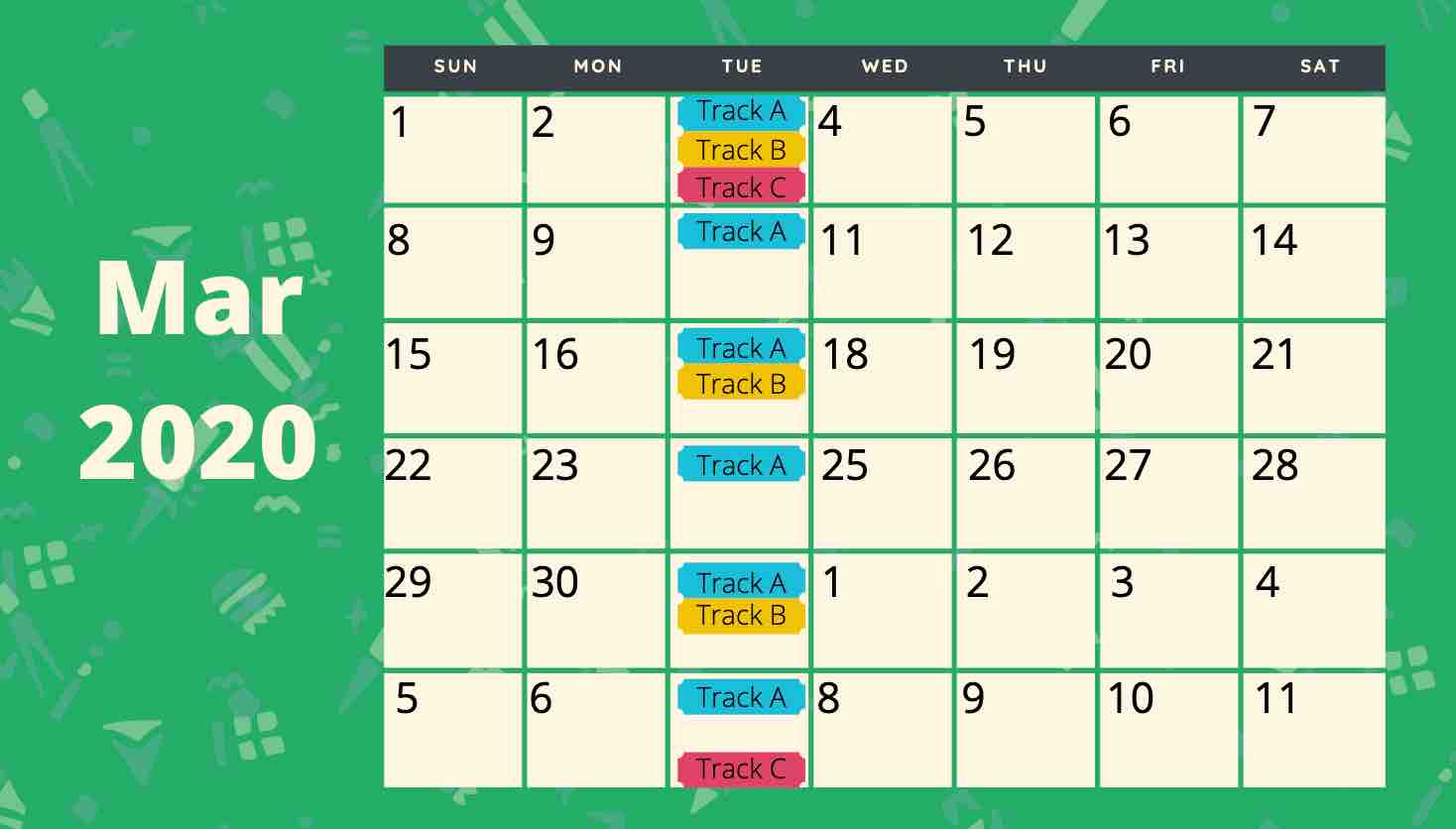 Calendar view of a weekly sending schedule for all tracks