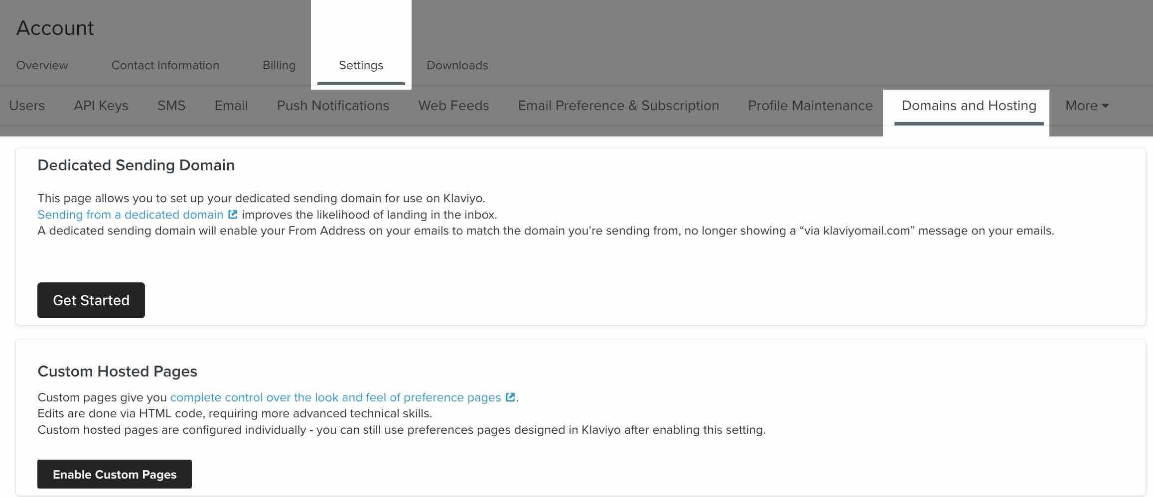 Domains and Hosting tab in Klaviyo