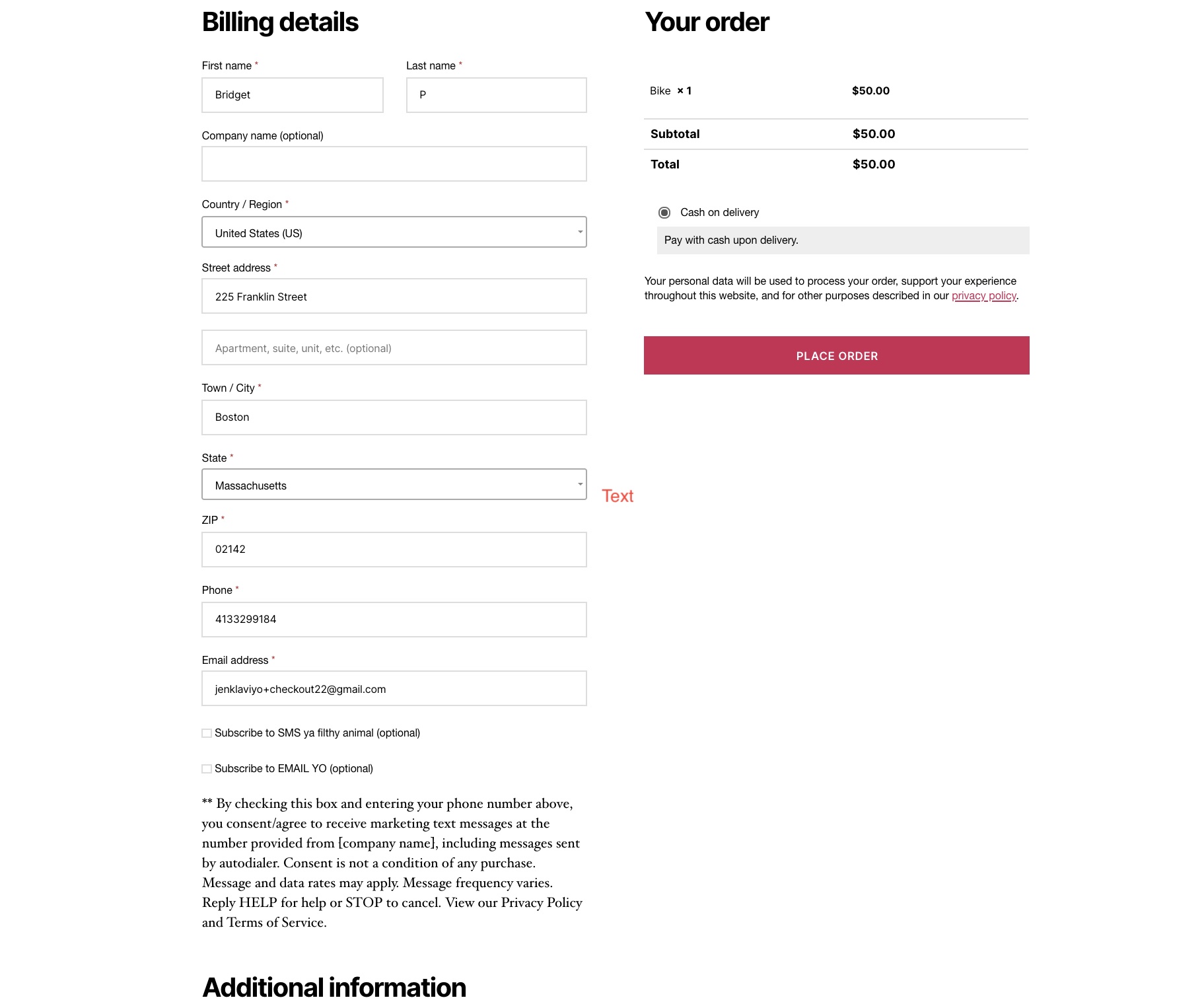 Example of a WooCommerce checkout page where SMS consent is collected