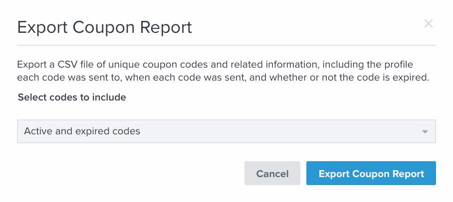 The export coupon report modal with the information you want to export selected.