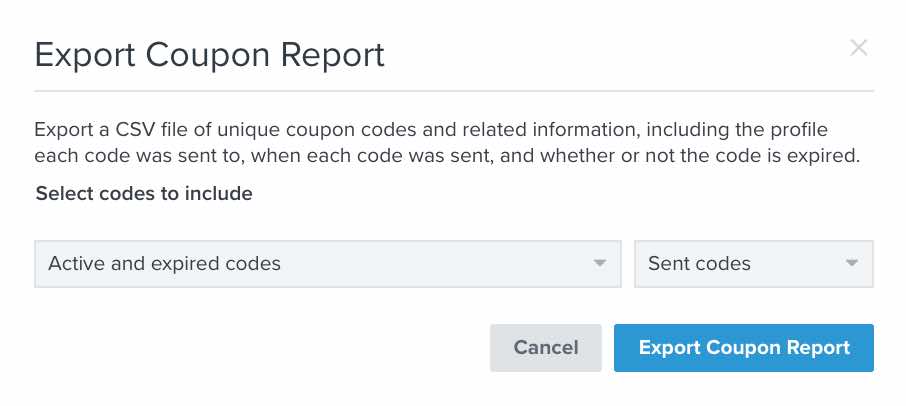 The export coupon report showing options for what information you would like to export and from which coupons