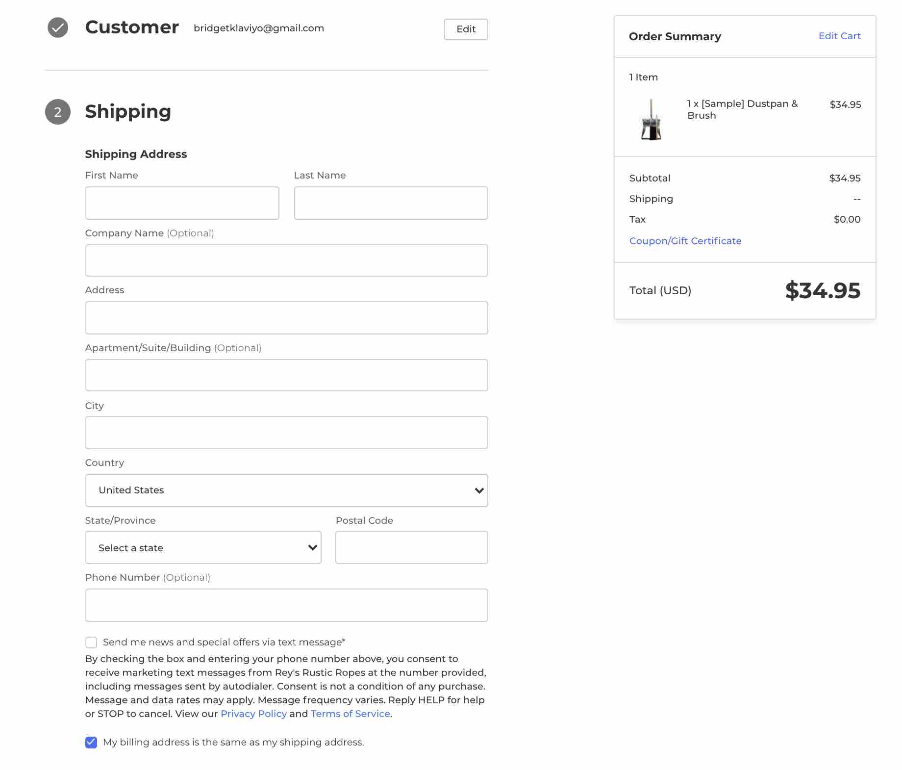Example of a BigCommerce checkout page that can collect SMS consent
