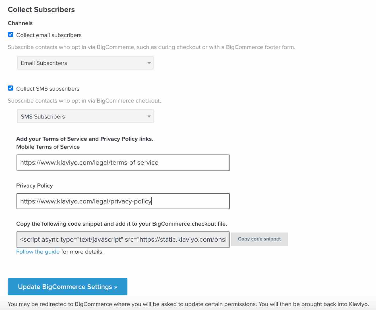 Section to add links to your mobile terms of service and privacy policy