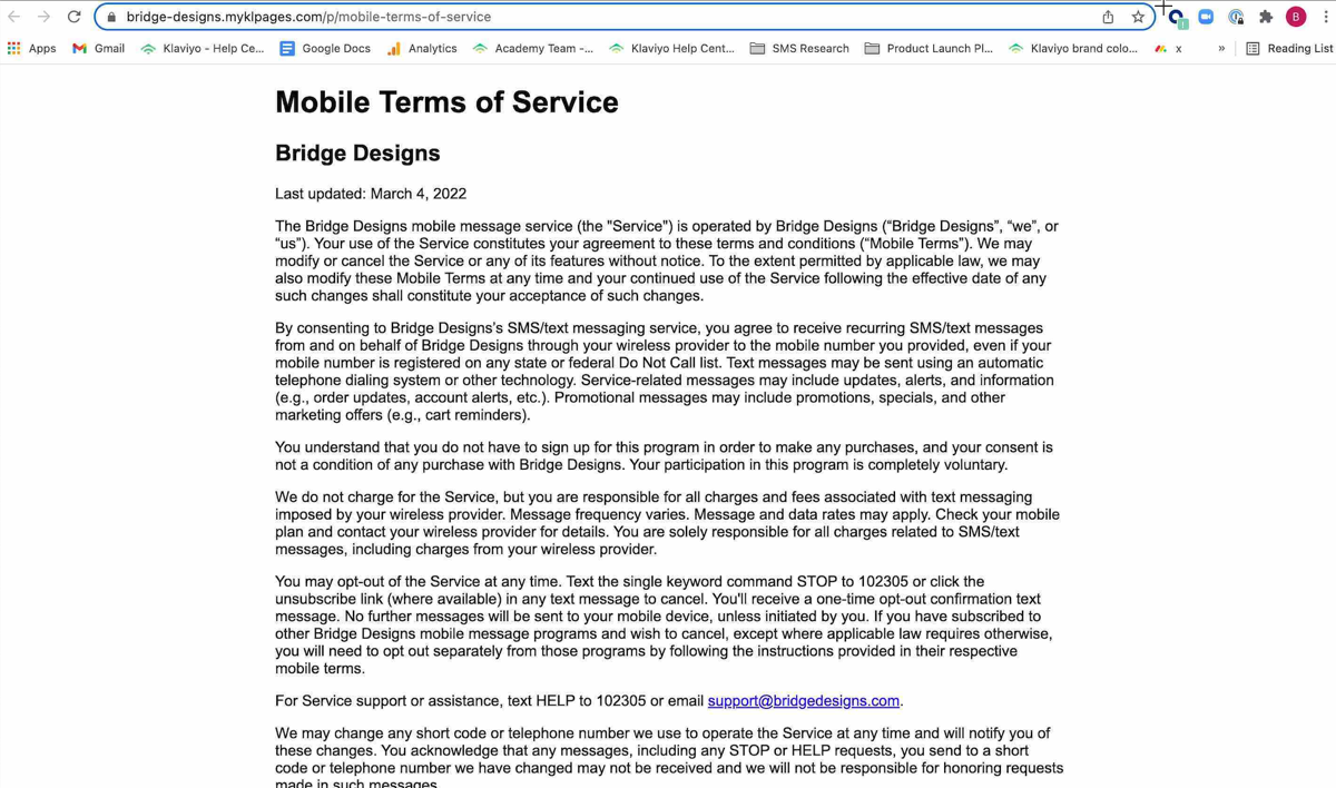 Example of a mobile terms of service hosted by Klaviyo