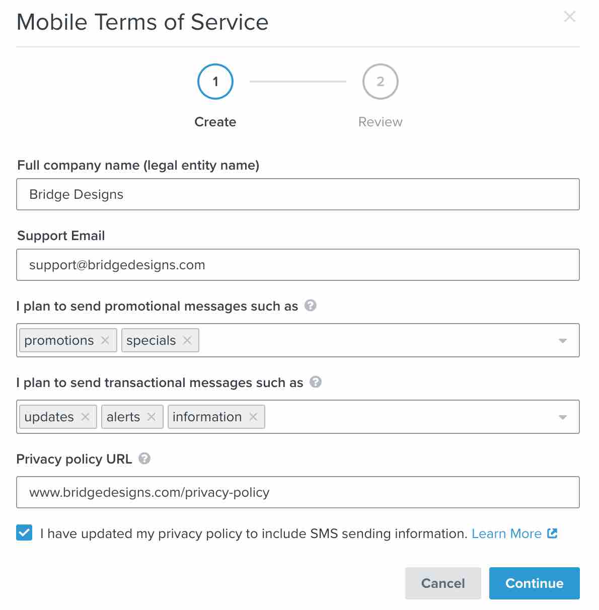 Example of a complete form to create a mobile terms of service