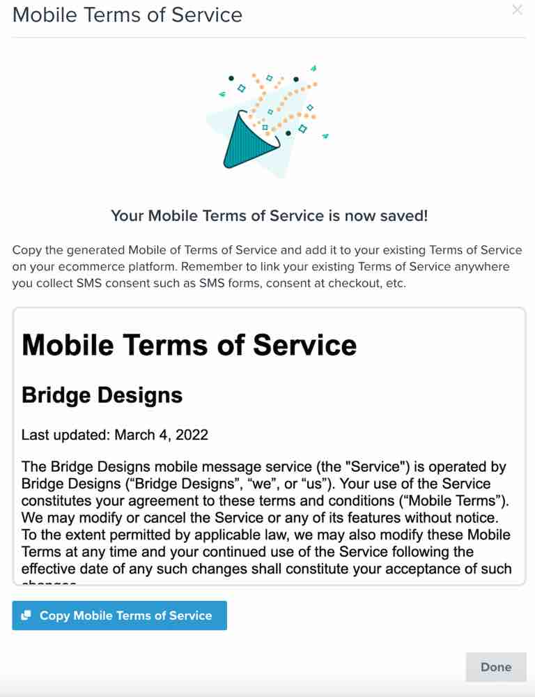 Modal where you can copy a mobile terms of service