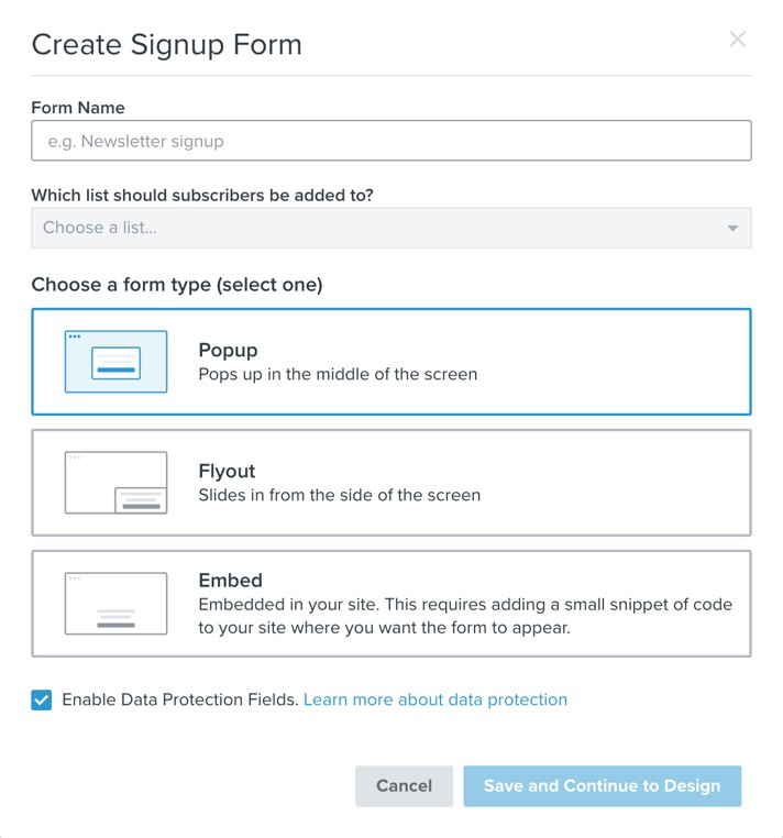 Signup form creation modal with Enable Data Protection Fields checkbox