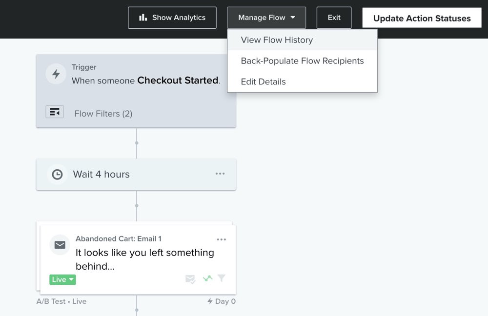 View Flow History option in the Manage Flow dropdown menu.
