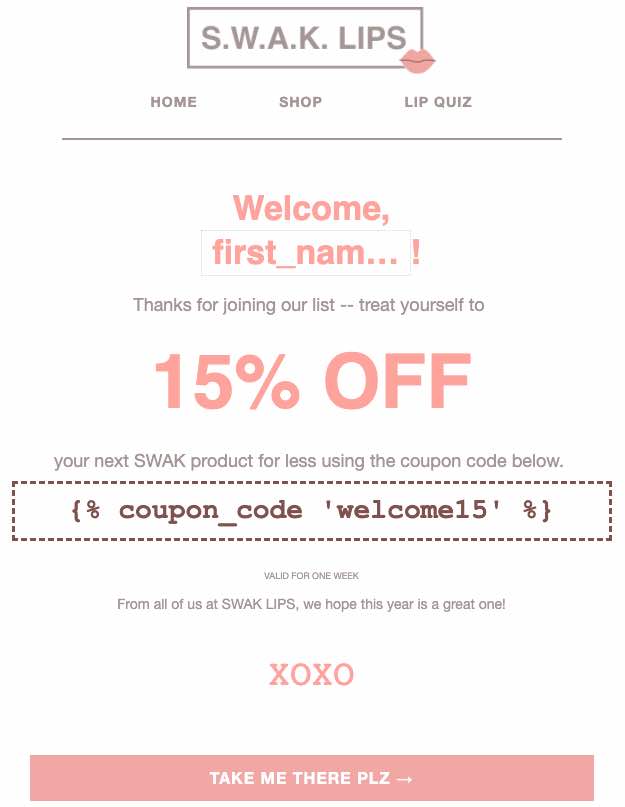 An example welcome series email with a coupon in it.