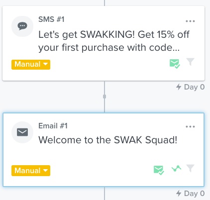Example of placing an SMS and email directly next to each other in a flow, which is incorrect