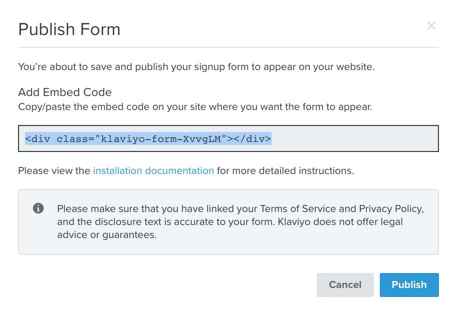 Example of the embed code showing when a form is going to be published