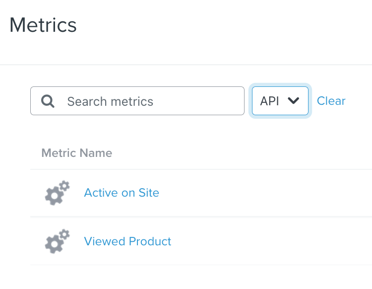 Metrics tab in Klaviyo filtered by API showing Active on Site and Viewed Product in list with gear icons