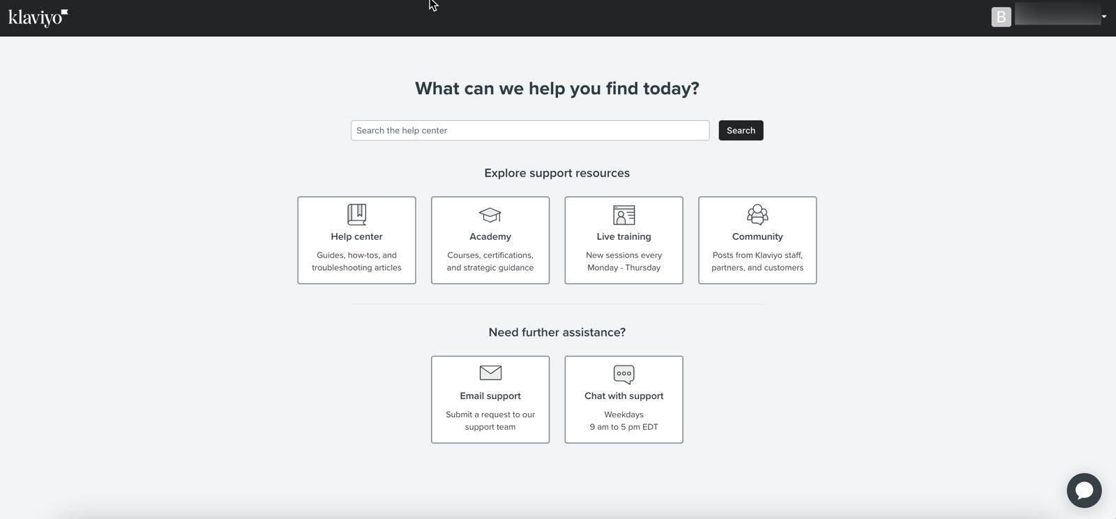 Support home page, where you can search for answers, send an email, or start a live chat