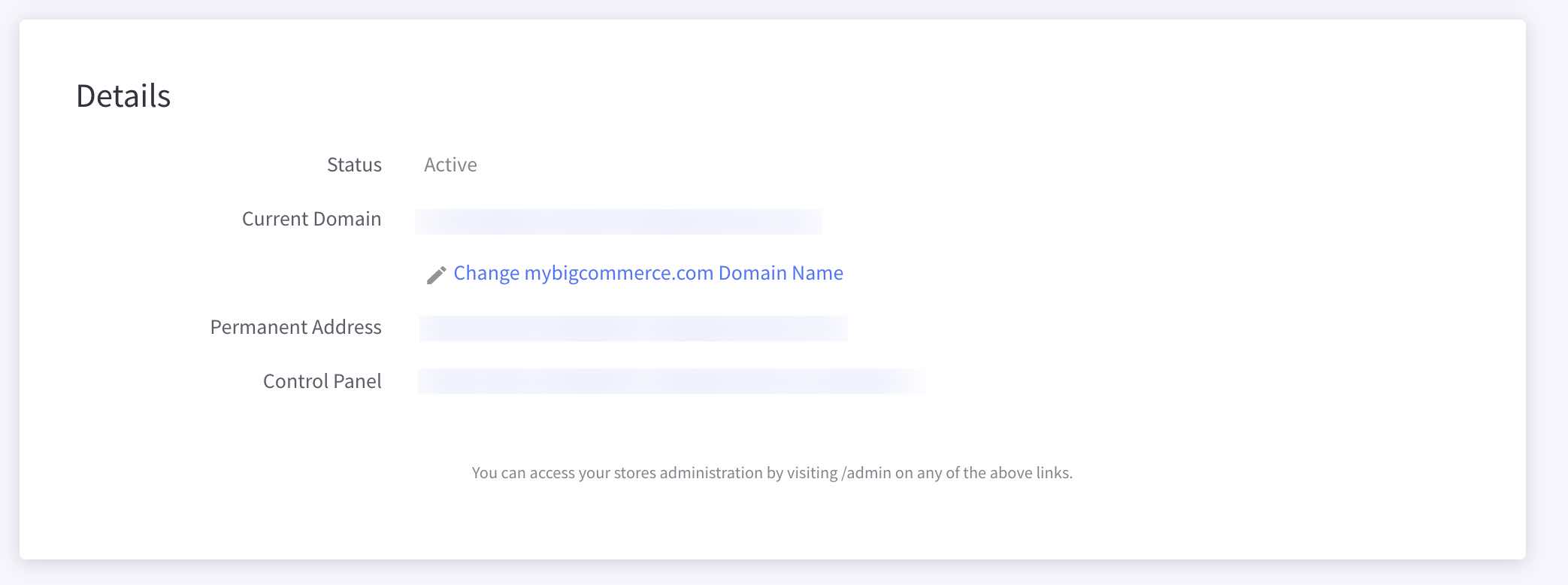 BigCommerce store details page showing permanent address field with blurred address