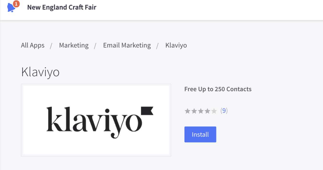 Klaviyo listing in the BigCommerce app marketplace with Install with a blue background