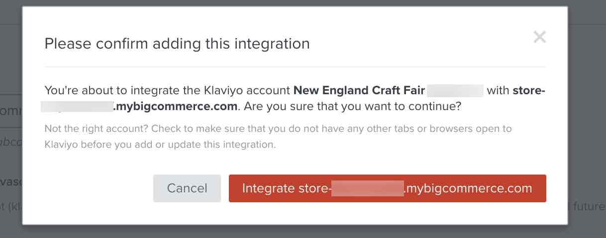 Confirm integration popup in Klaviyo with Integrate store with red background and Cancel with gray background