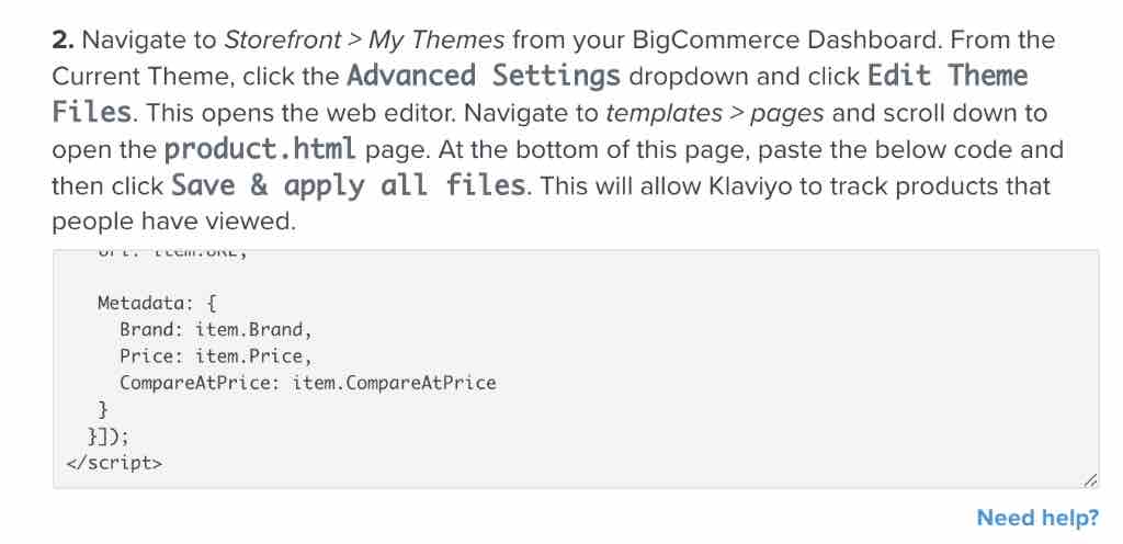 Klaviyo setup web tracking page step 2 showing viewed product code snippet in box