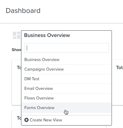 The dropdown menu in the analytics dashboard where you can navigate to the forms overview report.