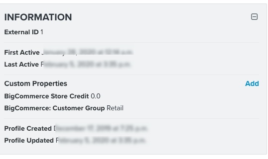Information section of customer profile in Klaviyo showing custom properties synced from BigCommerce including Store Credit and Customer Group