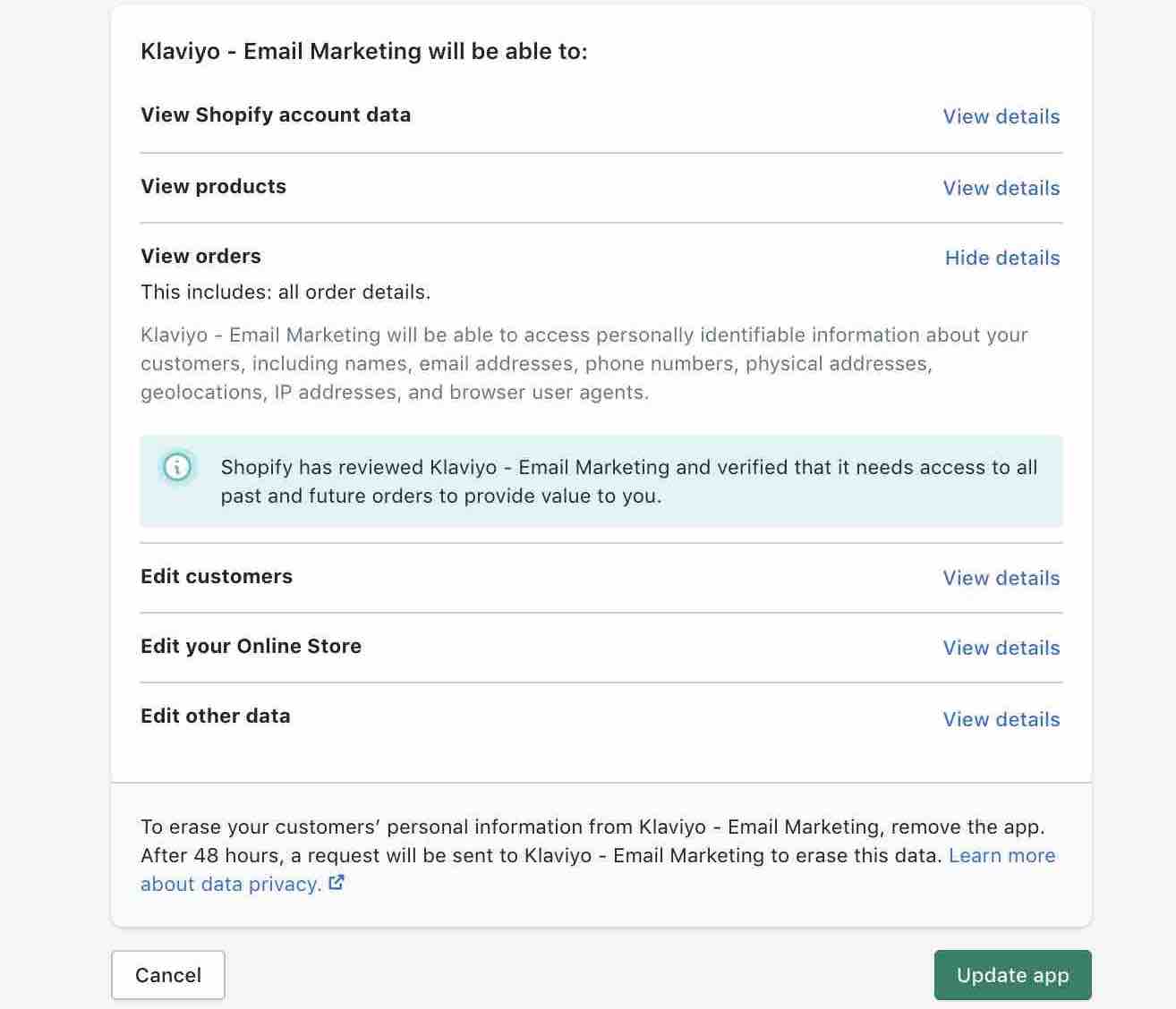 Page in Shopify showing permissions for Klaviyo with update app with green background at the bottom