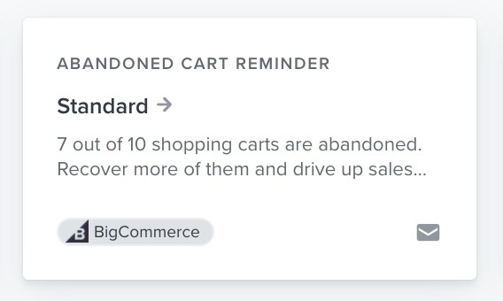 Card for standard abandoned cart reminder flow for BigCommerce in the Klaviyo flow library