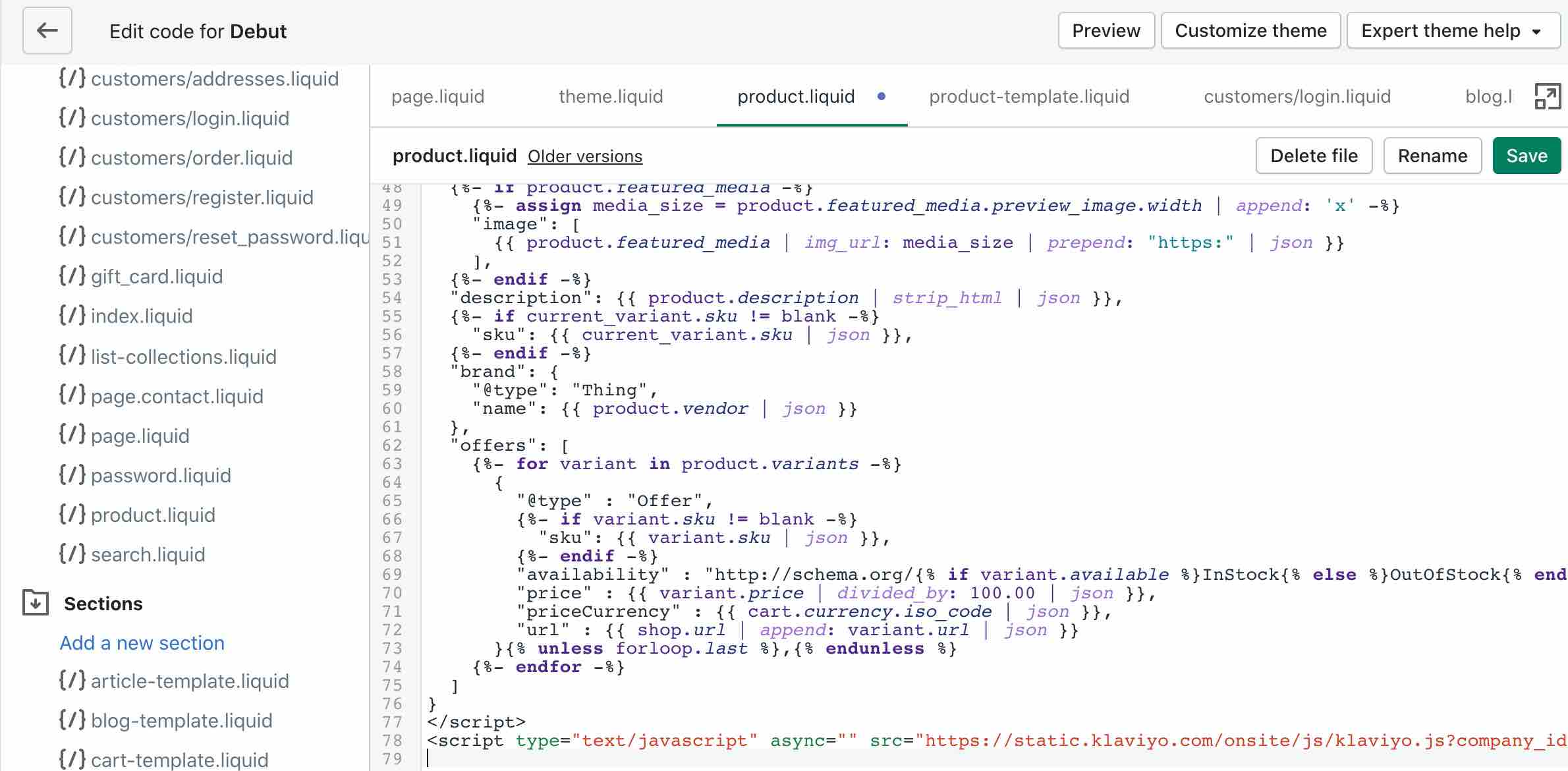 Shopify edit code page with product.liquid file open showing klaviyo.js at the bottom
