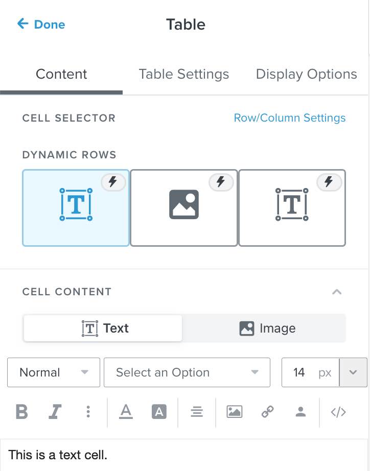 Table block content tab in Klaviyo template editor with Column 1 set to text