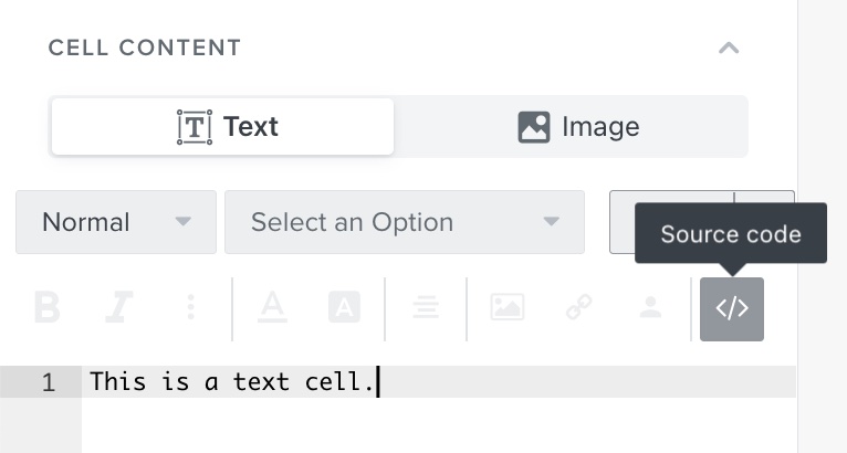 Cell content section of Table block content tab with source code icon selected