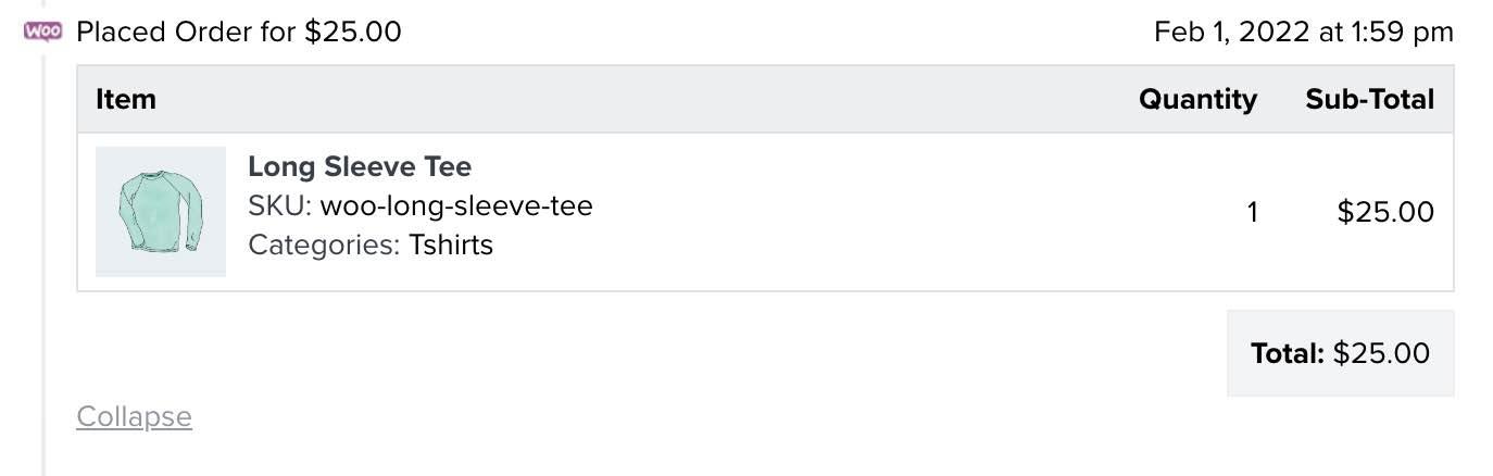 WooCommerce Placed Order metric with item details about a tee shirt, with collapse in light gray and timestamp