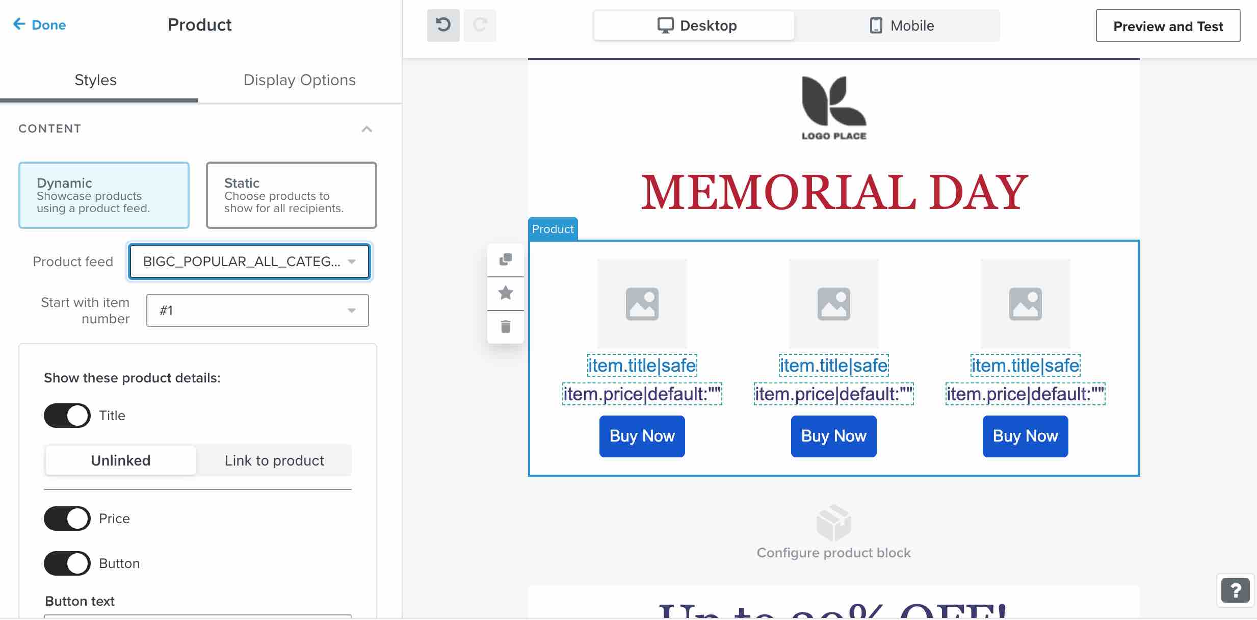 Klaviyo template builder with dynamic contact block highlighted in a Memorial Day email