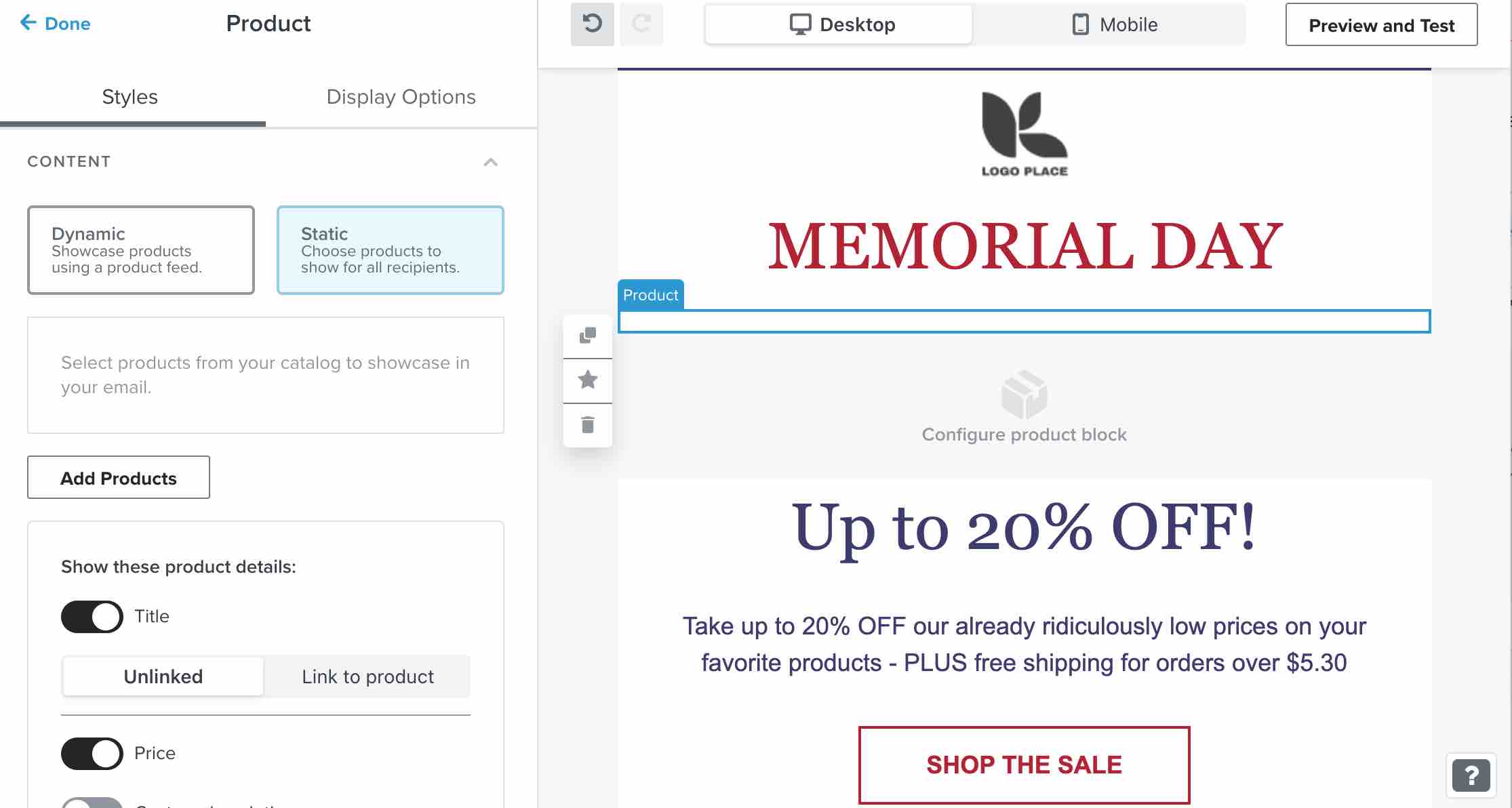Klaviyo template builder with static contact block highlighted in a Memorial Day email