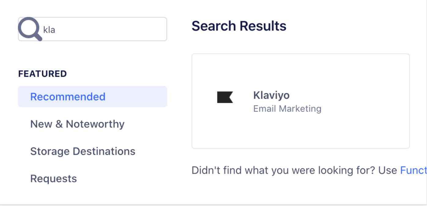 Segment catalog with Klaviyo in search bar and Klaviyo card in results