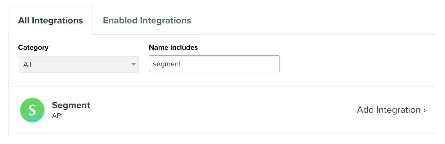 Integrations tab in Klaviyo with Segment in search bar and Segment card in results