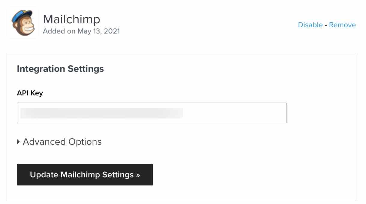 Mailchimp integration settings page in Klaviyo with Disable and Remove in blue in the upper right