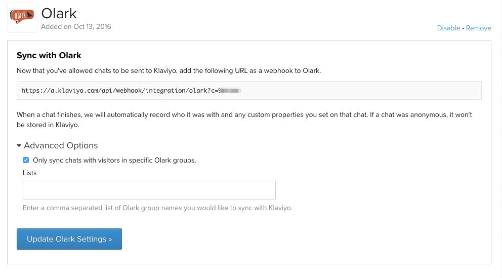 Olark integration settings page in Klaviyo with webhook URL in box, Advanced Options section, and Update Olark Settings button with blue background