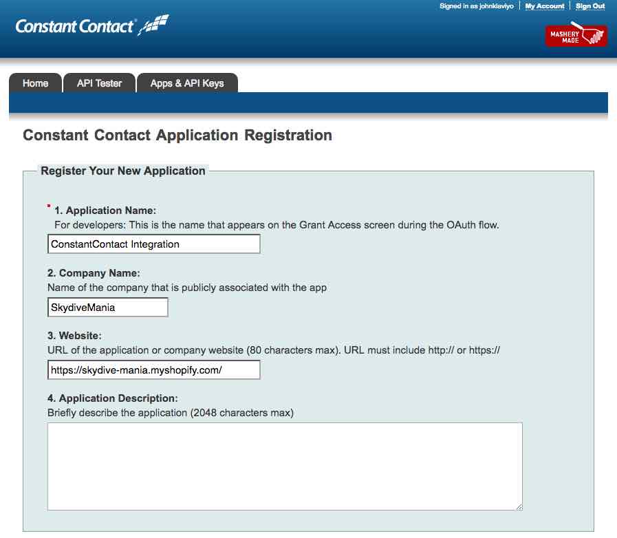 Constant Contact Application Registration page with fields application name, company name, website, and application description
